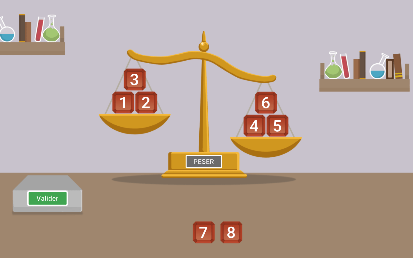 La balance contient trois pierres de chaque côté et penche vers la droite.