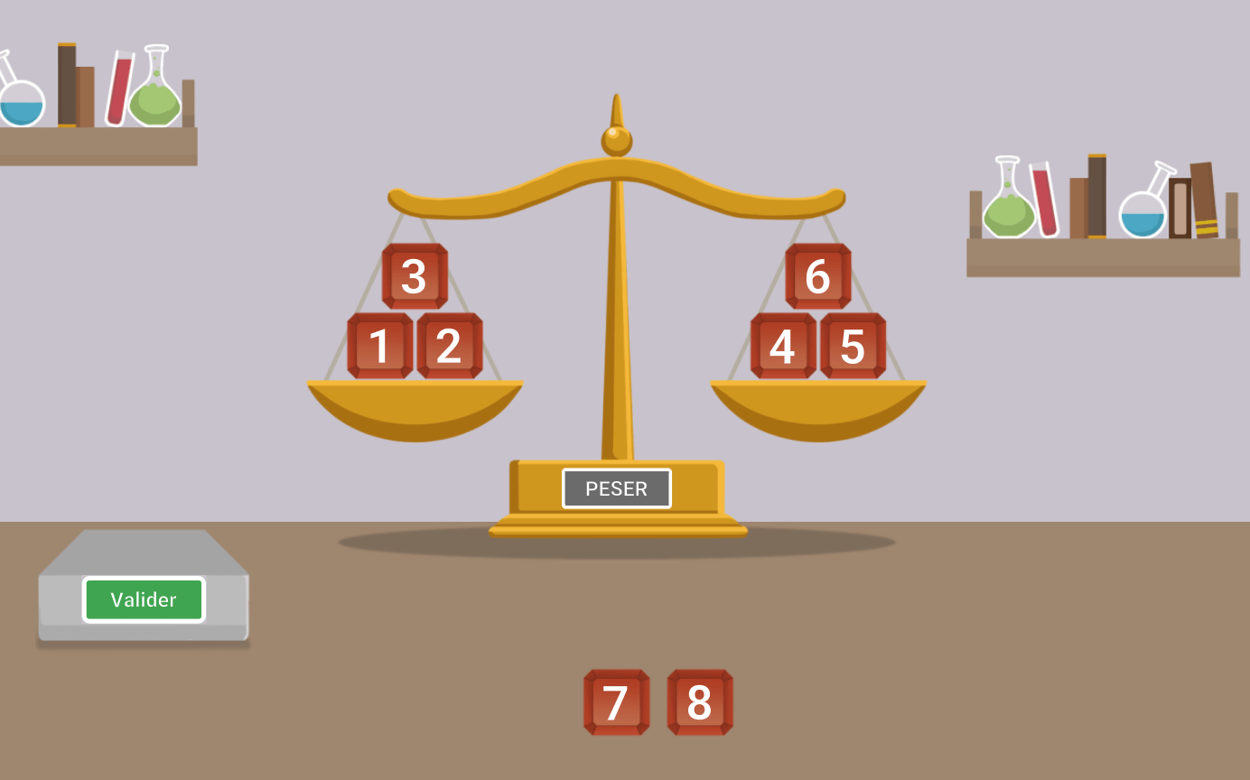 La balance contient trois pierres de chaque côté et reste stable.